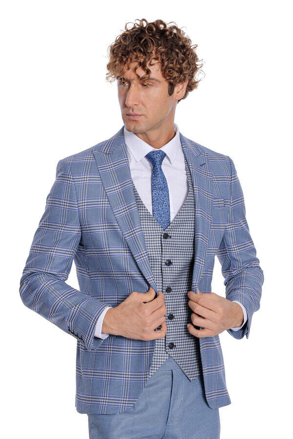 Patterned Checked Slim Fit Blue Men Suit - Wessi