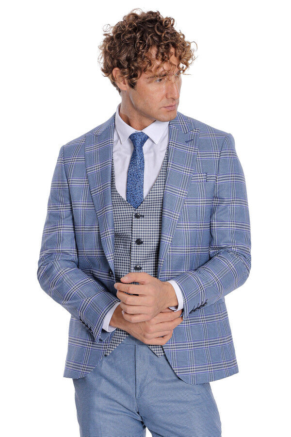 Patterned Checked Slim Fit Blue Men Suit - Wessi