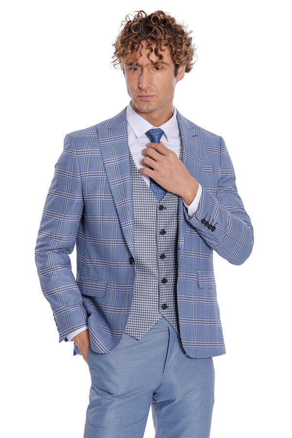 Patterned Checked Slim Fit Blue Men Suit - Wessi