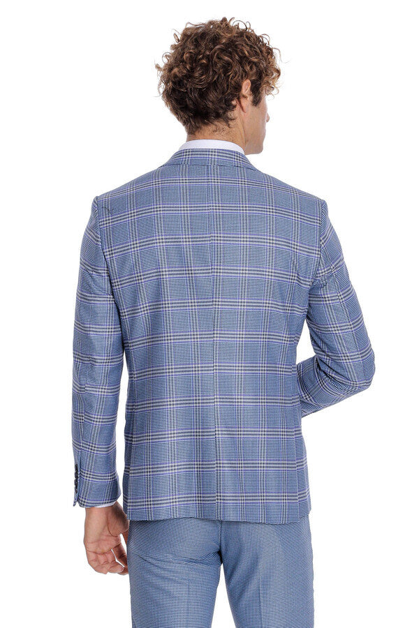 Patterned Checked Slim Fit Blue Men Suit - Wessi