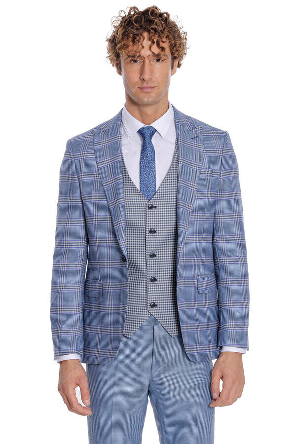 Patterned Checked Slim Fit Blue Men Suit - Wessi