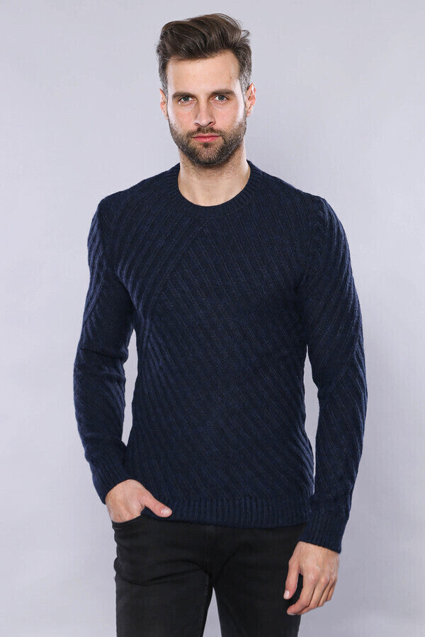 Patterned Circle Neck Navy Sweater | Wessi