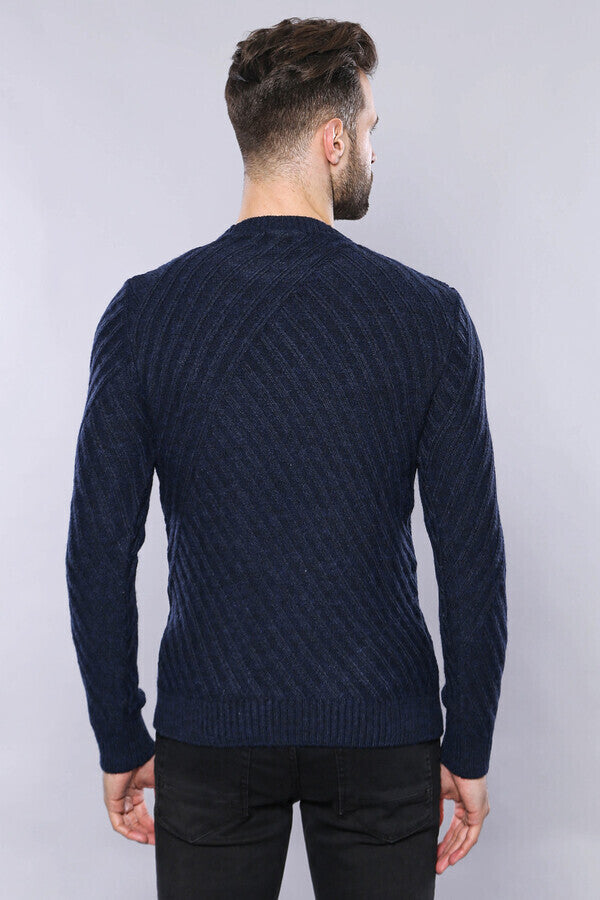 Patterned Circle Neck Navy Sweater | Wessi