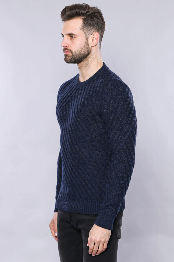 Patterned Circle Neck Navy Sweater | Wessi