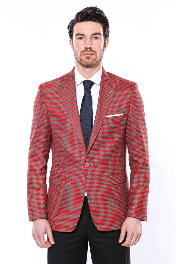 Patterned Claret Red Slim-Fit Blazer - Wessi