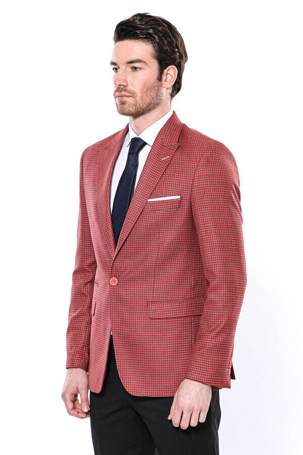 Patterned Claret Red Slim-Fit Blazer - Wessi