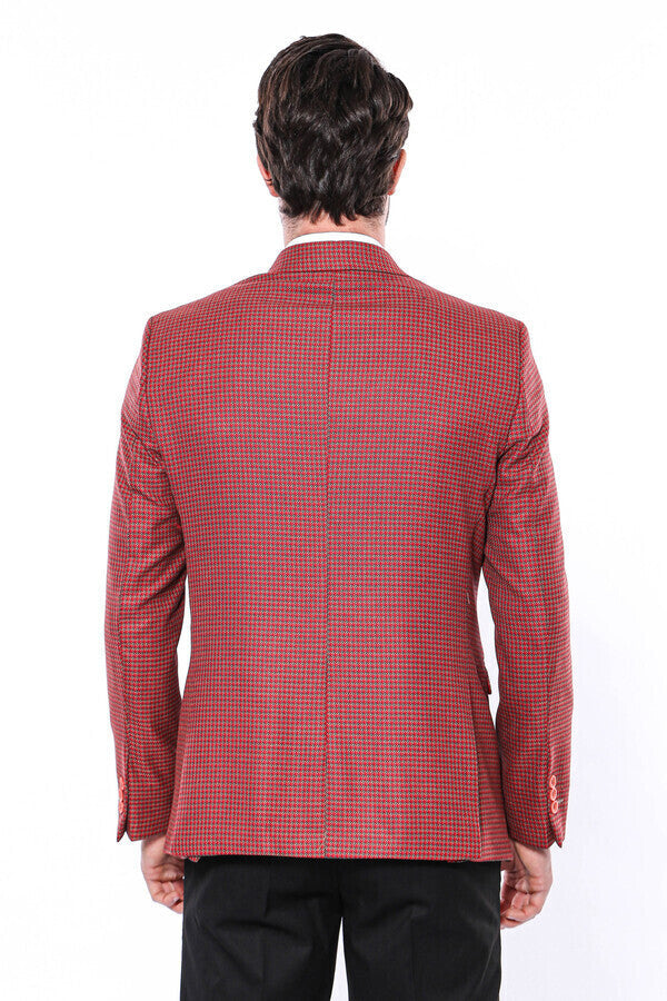 Patterned Claret Red Slim-Fit Blazer - Wessi