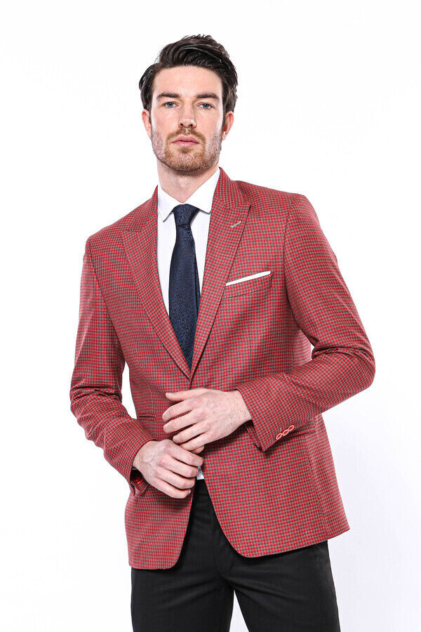 Patterned Claret Red Slim-Fit Blazer - Wessi