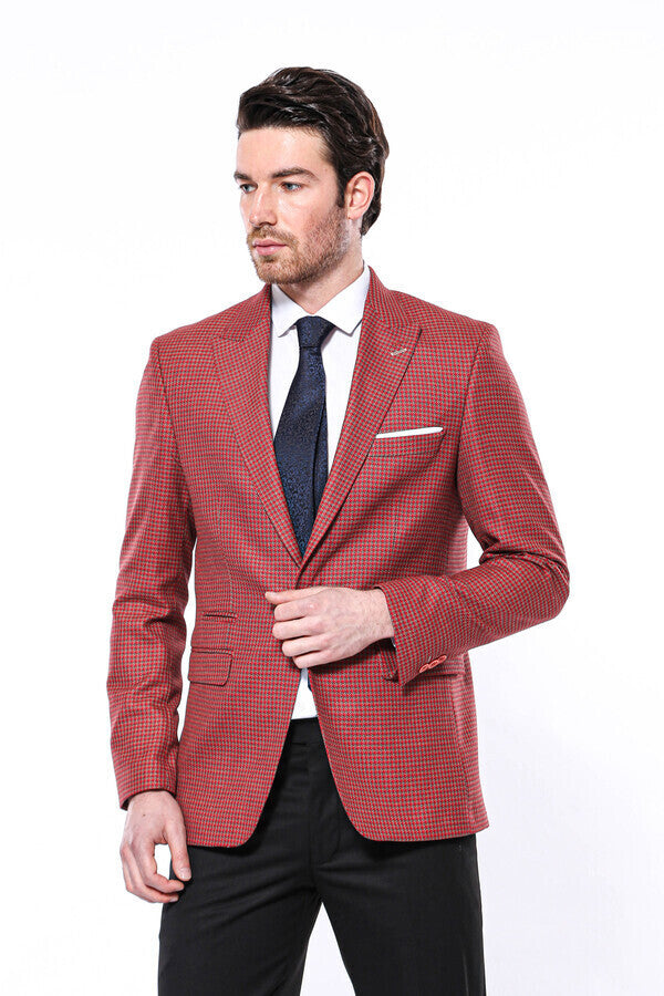 Patterned Claret Red Slim-Fit Blazer - Wessi