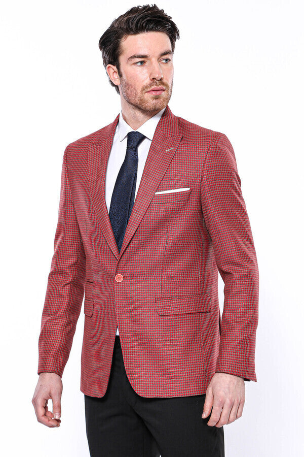 Patterned Claret Red Slim-Fit Blazer - Wessi