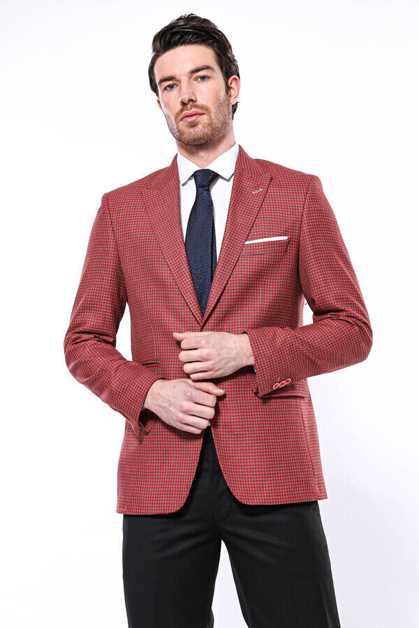 Patterned Claret Red Slim-Fit Blazer - Wessi