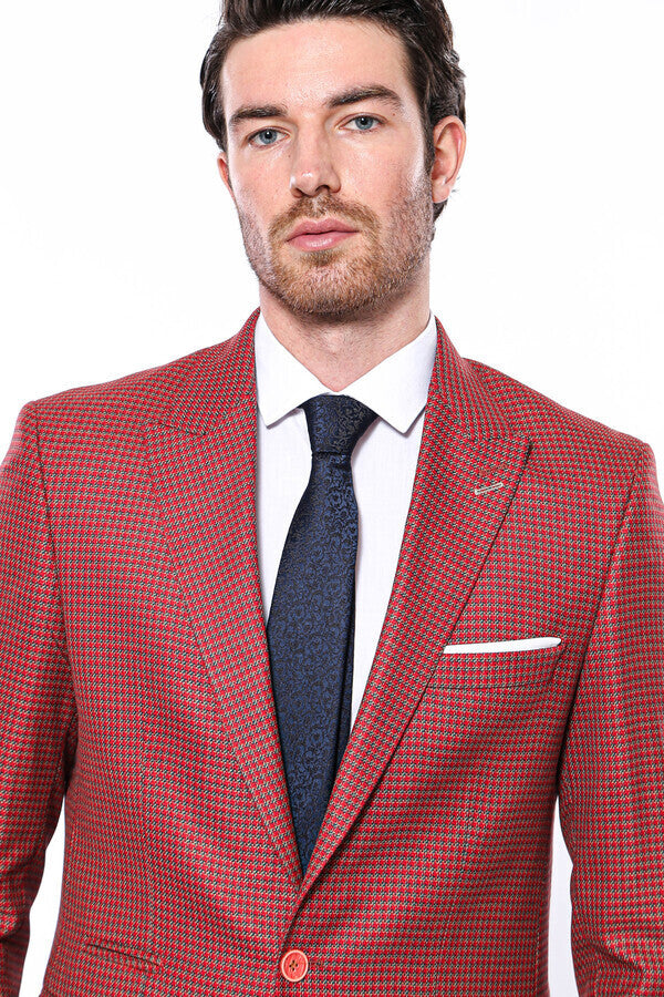 Patterned Claret Red Slim-Fit Blazer - Wessi