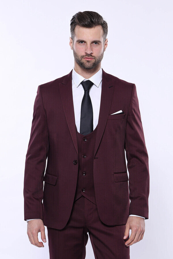 Patterned Claret Red Vested Suit- Wessi