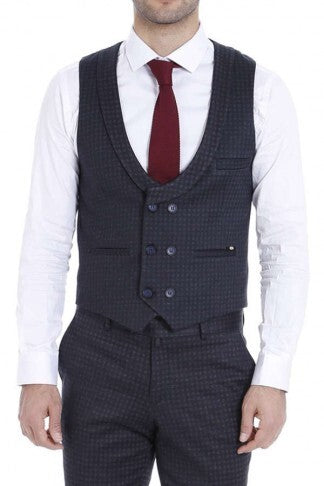 Patterned Double Breasted Navy Blue Men Trousers Vest Set - Wessi