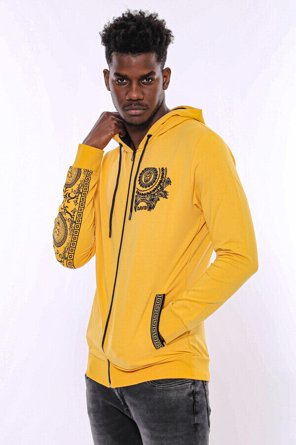 Patterned Hooded Zippered Yellow Sweatshirt - Wessi