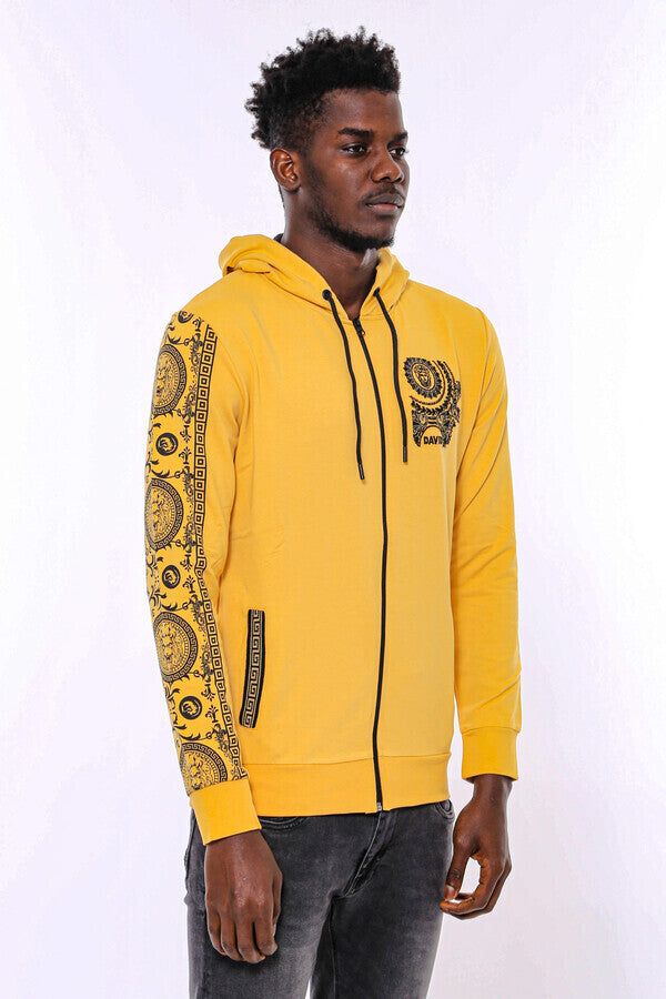 Patterned Hooded Zippered Yellow Sweatshirt - Wessi