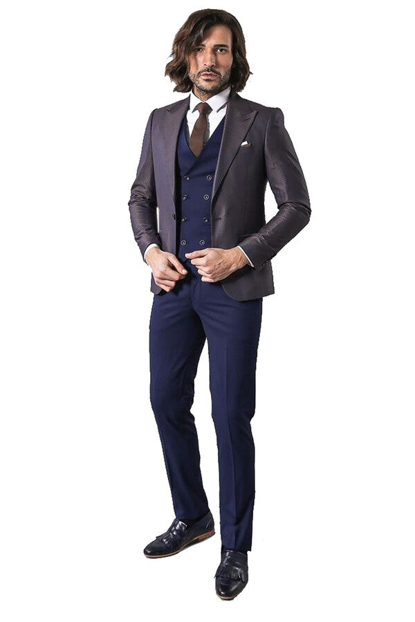 Patterned Navy Blue Brown Men Suit - Wessi