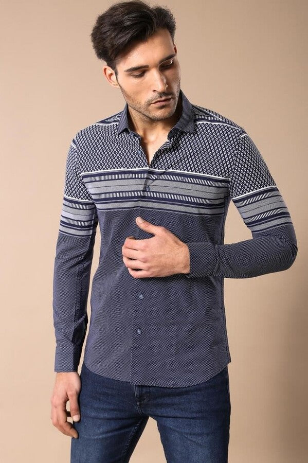 Patterned Navy Blue Men Shirt - Wessi