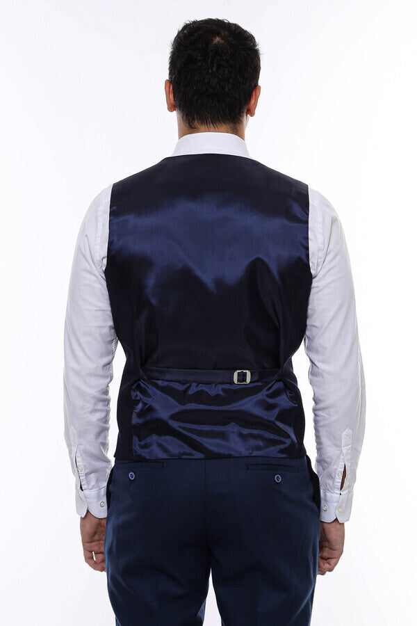 Patterned Navy Blue V Neck Vest - Wessi