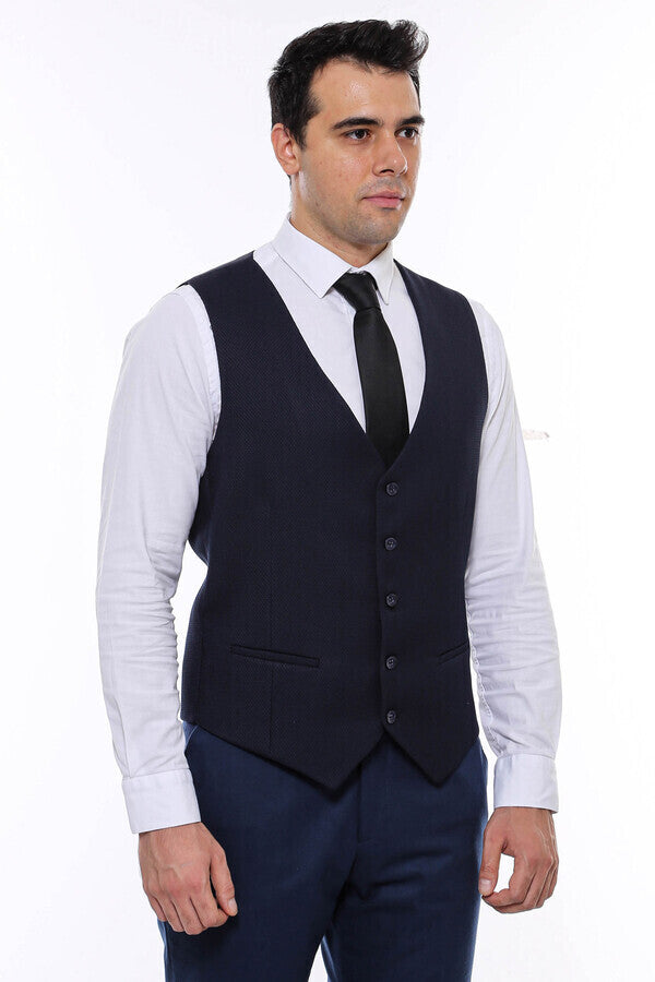 Patterned Navy Blue V Neck Vest - Wessi