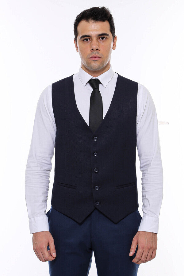 Patterned Navy Blue V Neck Vest - Wessi