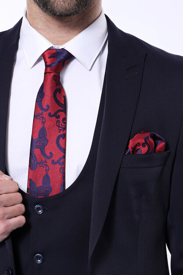 Patterned Navy Blue Vested Suit | Wessi