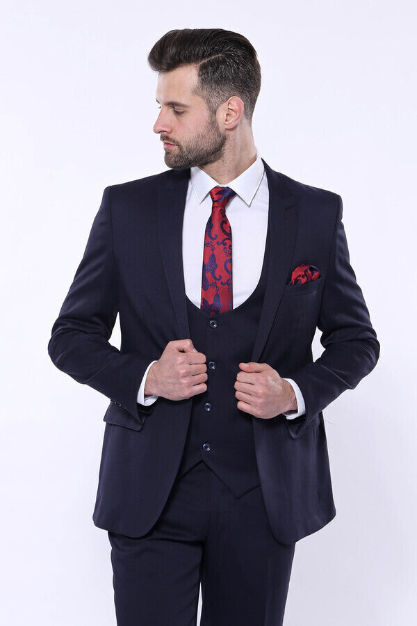 Patterned Navy Blue Vested Suit | Wessi