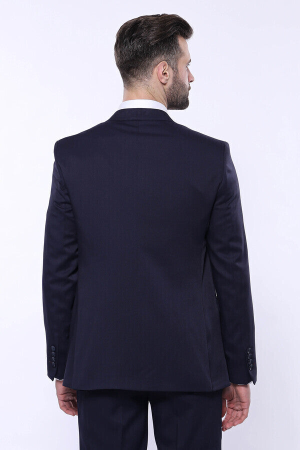 Patterned Navy Blue Vested Suit | Wessi