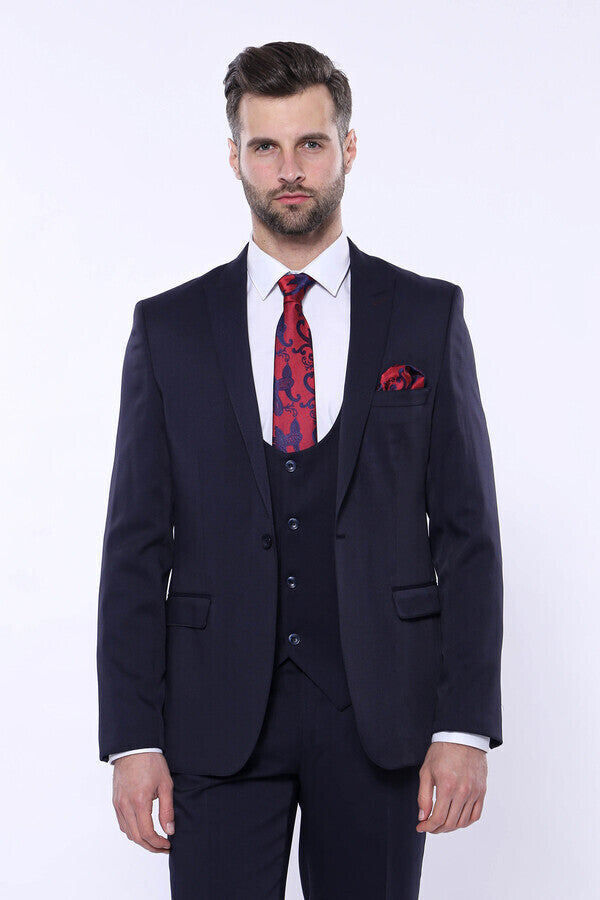 Patterned Navy Blue Vested Suit | Wessi