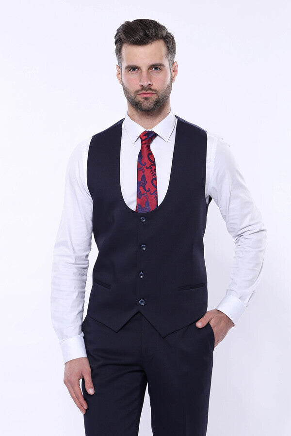 Patterned Navy Blue Vested Suit | Wessi