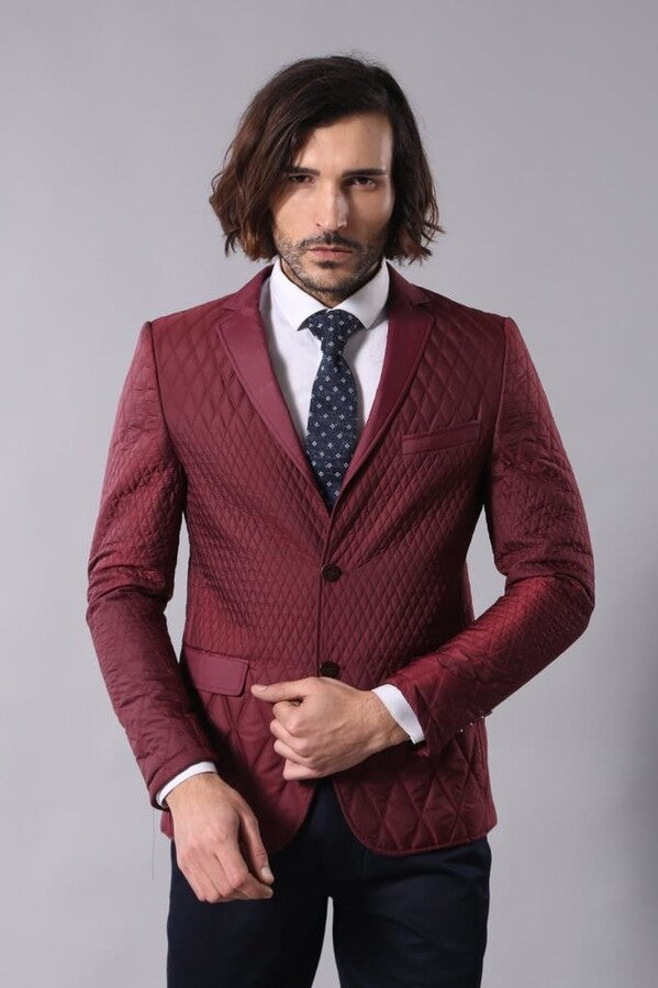 Patterned Quilted Burgundy Men Blazer - Wessi