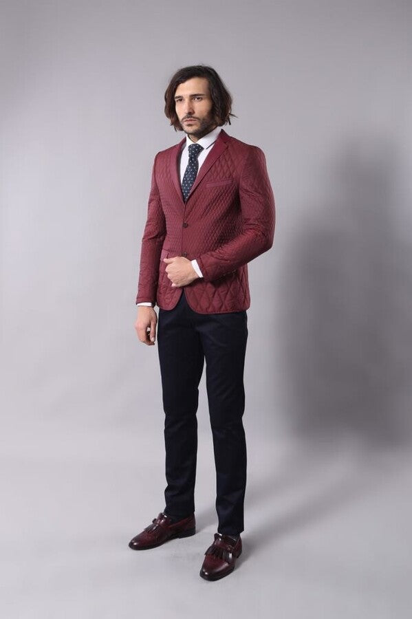 Patterned Quilted Burgundy Men Blazer - Wessi