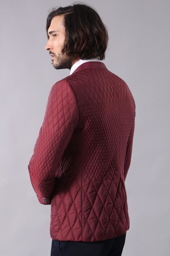 Patterned Quilted Burgundy Men Blazer - Wessi