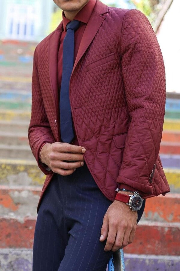 Patterned Quilted Burgundy Men Blazer - Wessi