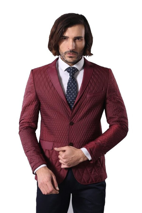 Patterned Quilted Burgundy Men Blazer - Wessi