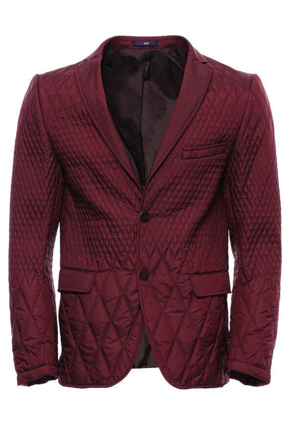 Patterned Quilted Burgundy Men Blazer - Wessi