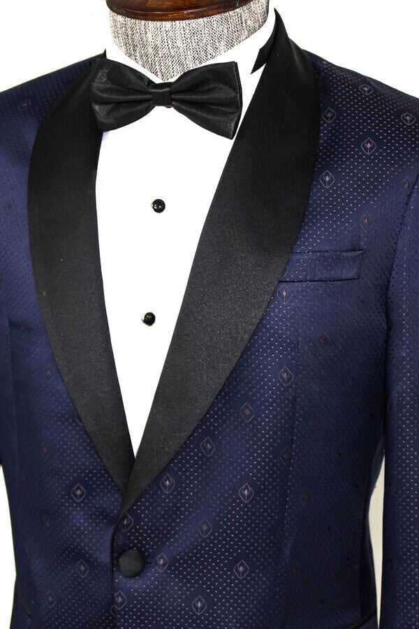 Patterned Shawl Lapel Navy Blue Men Prom Blazer - Wessi