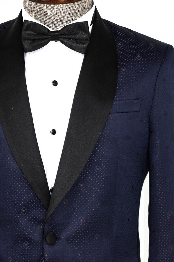 Blazer de fiesta para hombre azul marino con solapa chal estampada - Wessi