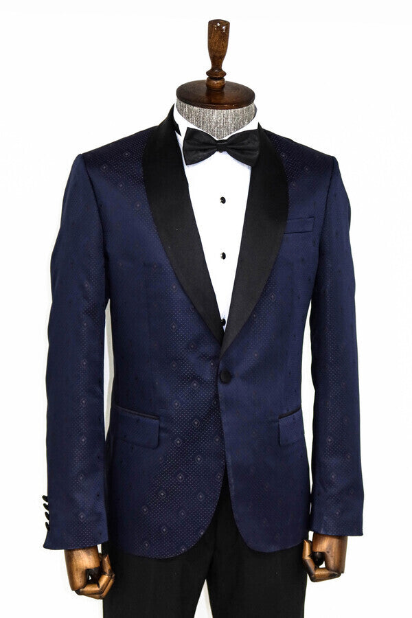 Patterned Shawl Lapel Navy Blue Men Prom Blazer - Wessi