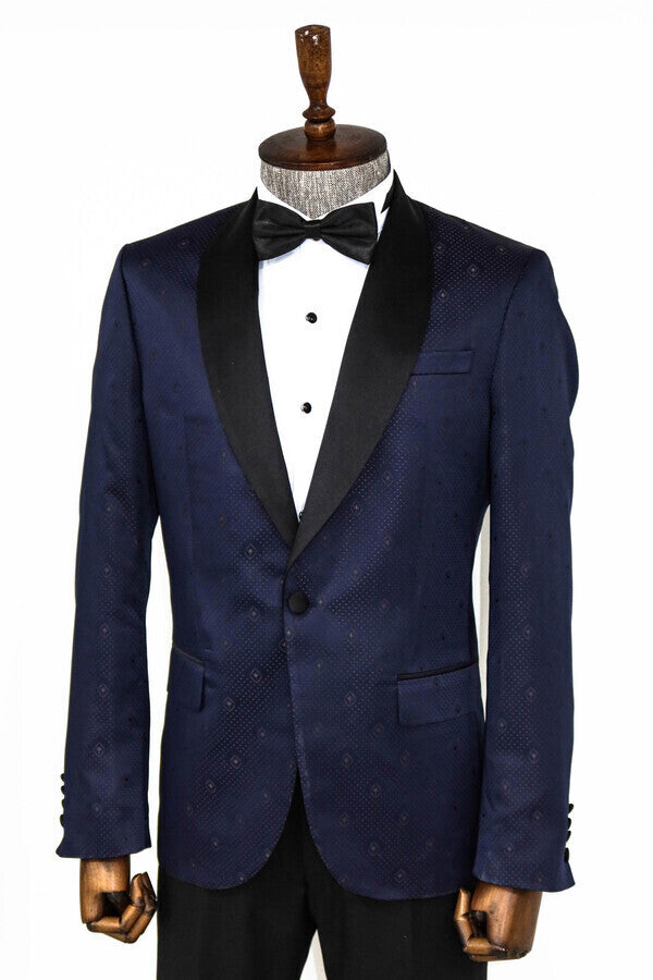 Patterned Shawl Lapel Navy Blue Men Prom Blazer - Wessi