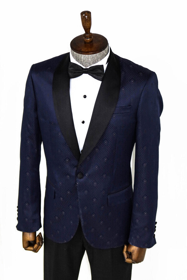 Patterned Shawl Lapel Navy Blue Men Prom Blazer - Wessi