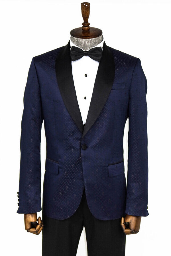 Patterned Shawl Lapel Navy Blue Men Prom Blazer - Wessi