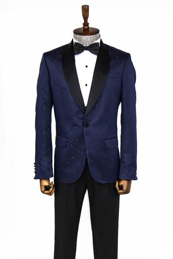 Patterned Shawl Lapel Navy Blue Men Prom Blazer - Wessi