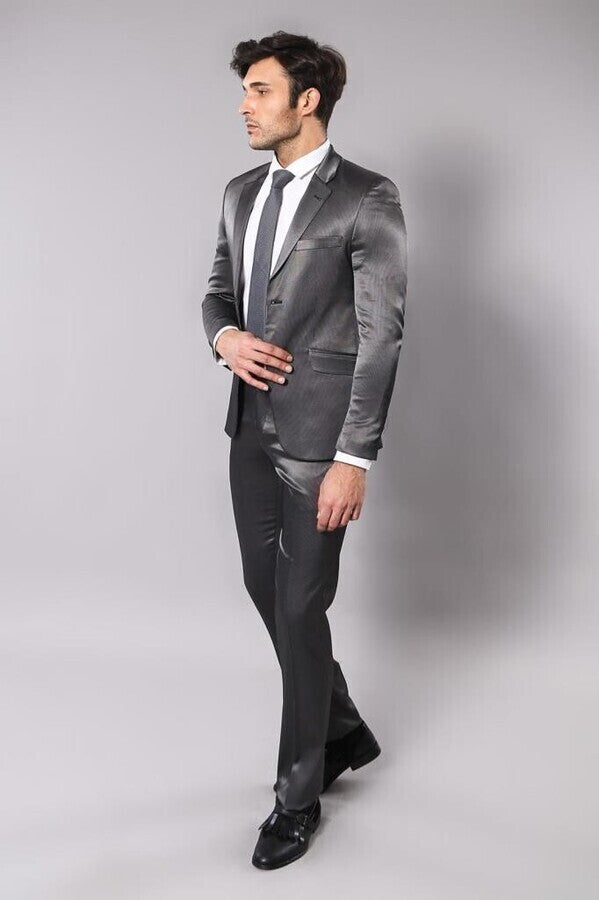 Patterned Shiny Grey Men Suit - Wessi