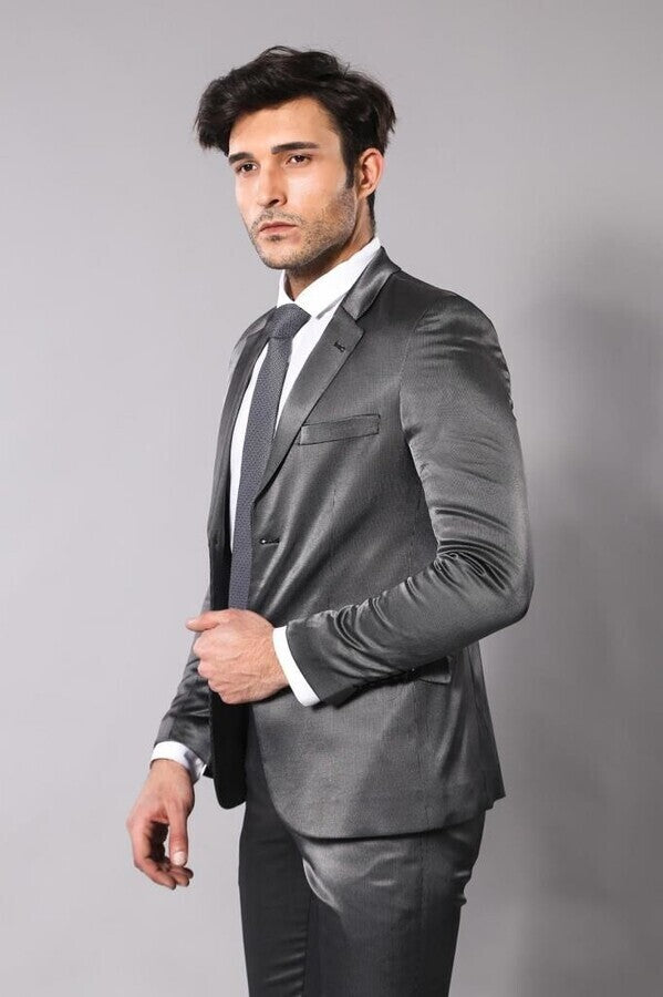 Patterned Shiny Grey Men Suit - Wessi