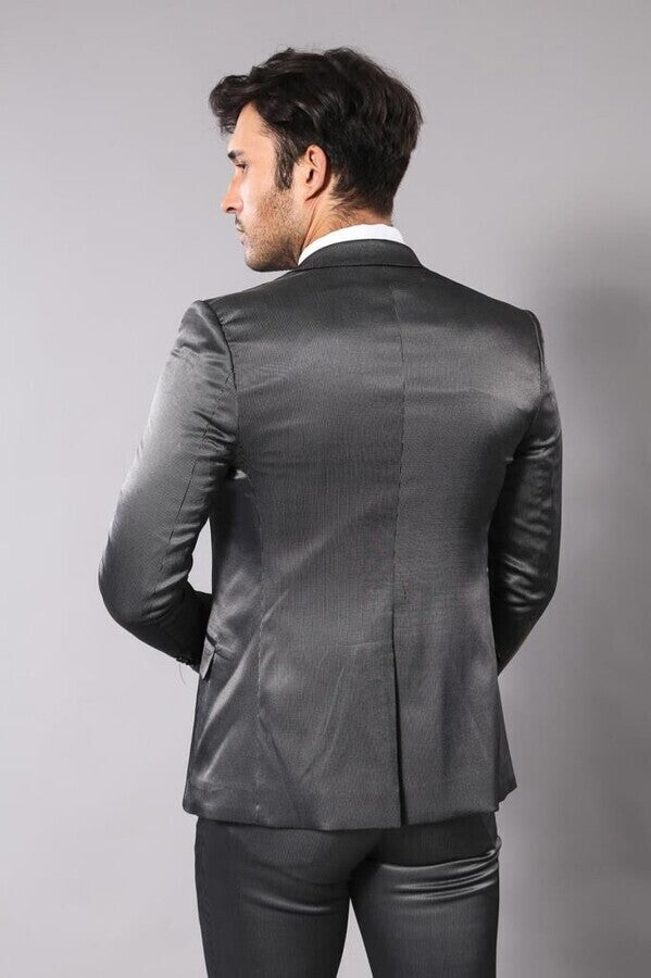 Patterned Shiny Grey Men Suit - Wessi