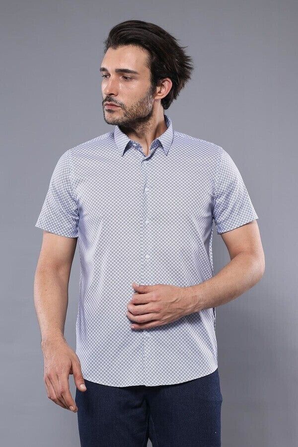 Patterned Short Sleeve Blue Men Shirt - Wessi