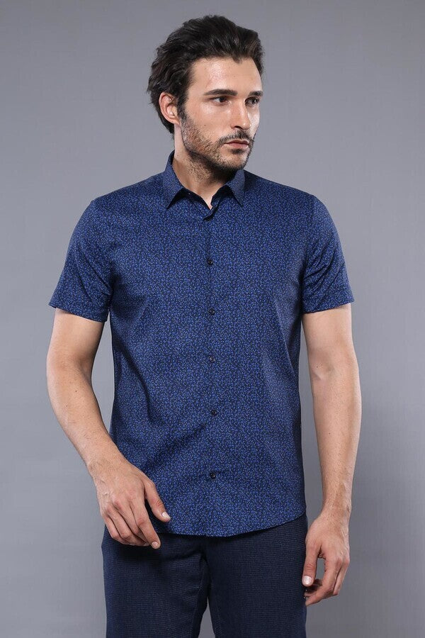 Patterned Short Sleeves Navy Blue Men Shirt - Wessi