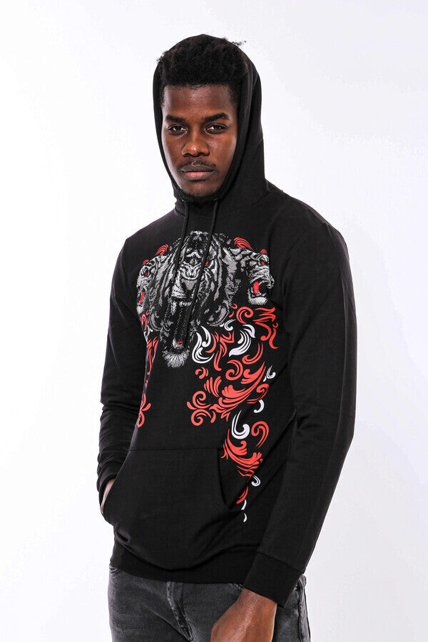 Patterned Slim Fit Black Hooded Sweatshirt - Wessi