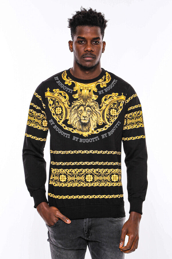 Patterned Slim Fit Black Yellow Sweatshirt - Wessi